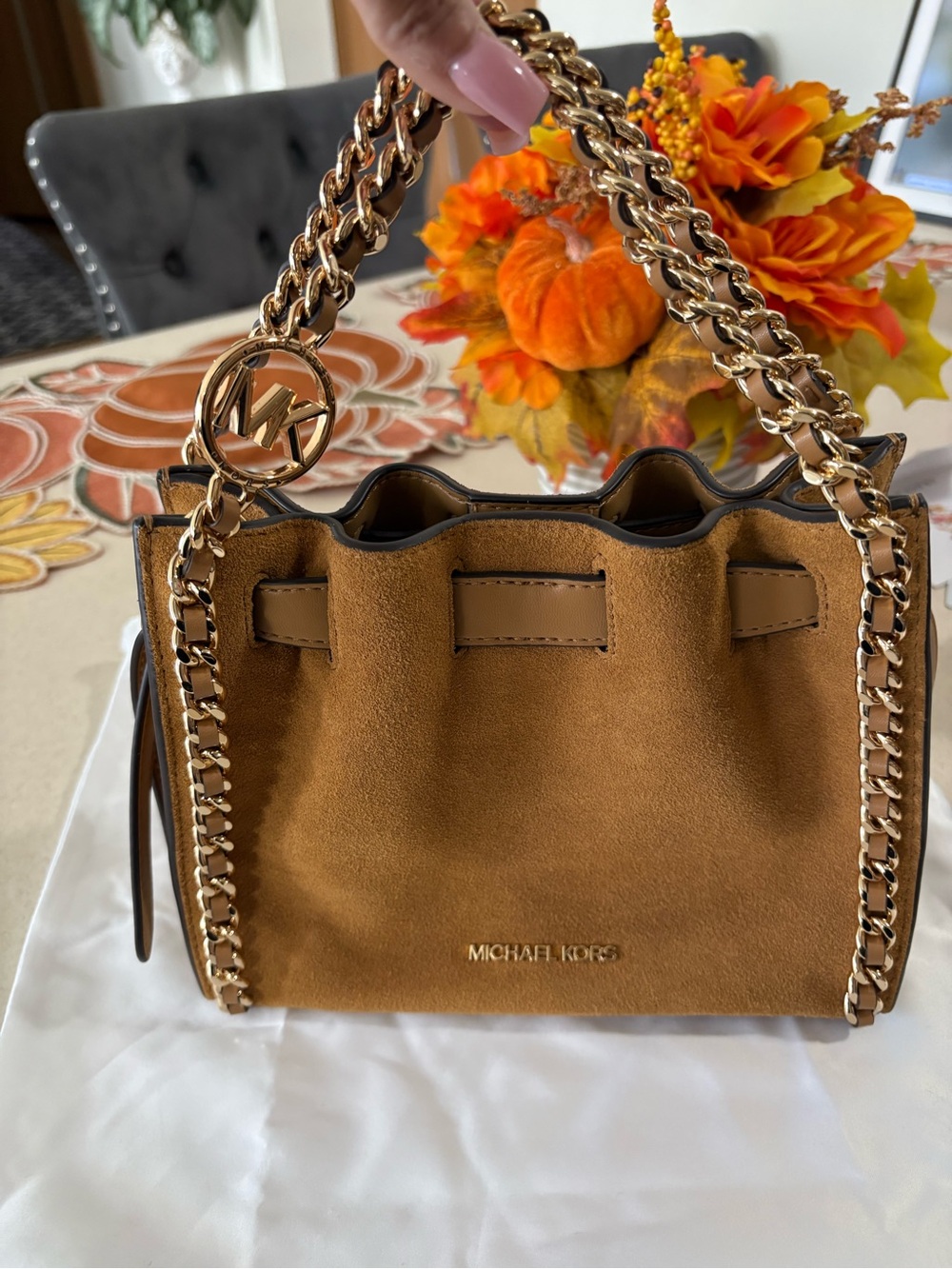 Michael Kors Suede Chain-Trim Mini Tote in Camel
